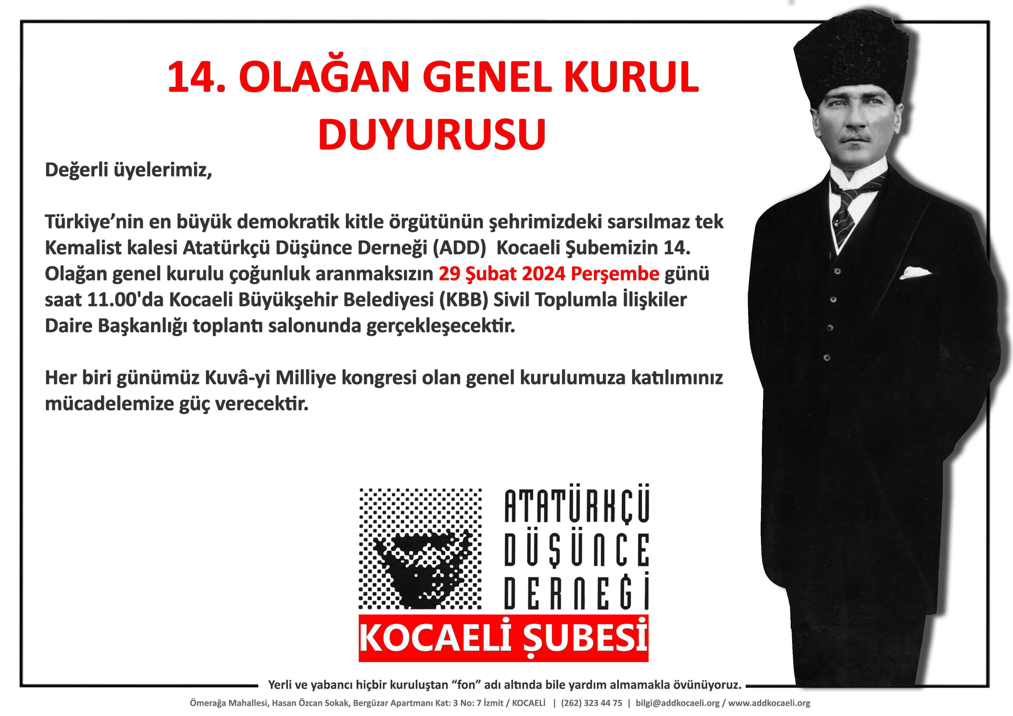 ŞUBEMİZİN 14. OLAĞAN GENEL KURUL DUYURUSU